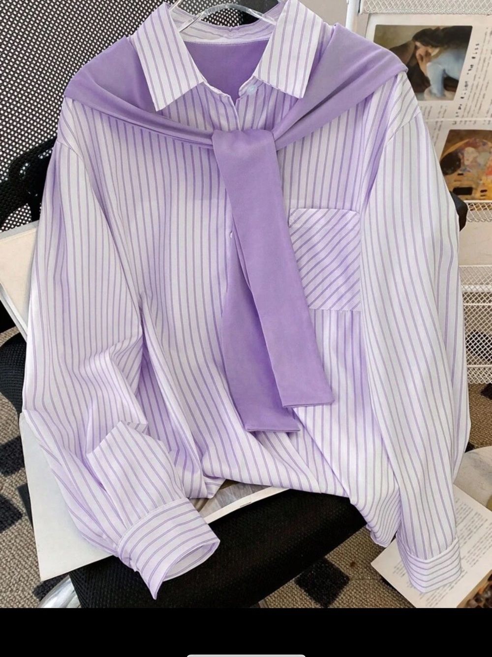 Men's Lavender Stripe Button-Down Shirt with Knit Shoulder Tie